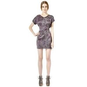 Rebecca Taylor 100% Silk Dress, Leather Trim, Mini, Side Ruching, Purple, Sz S